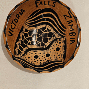 African Handmade Wooden Bowl with Victoria Falls design, hand-painted and polished.