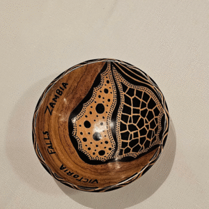 African Handmade Wooden Bowl featuring a Victoria Falls design, smooth and polished.