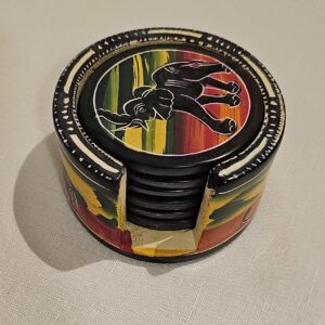Hand-painted soapstone coaster with an elephant design, vibrant African wildlife artwork, perfect for decor or practical use.
