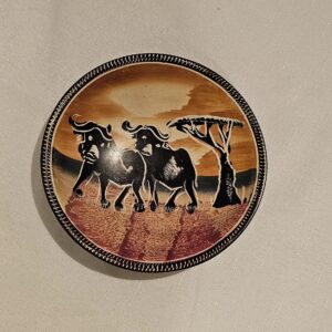 Hand-painted African coaster bowl with elephants, hand-carved and smooth polished design.