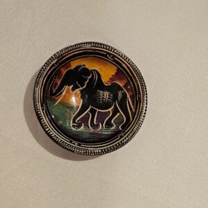 Hand-painted African wooden bowl with elephants and sunset savanna design.